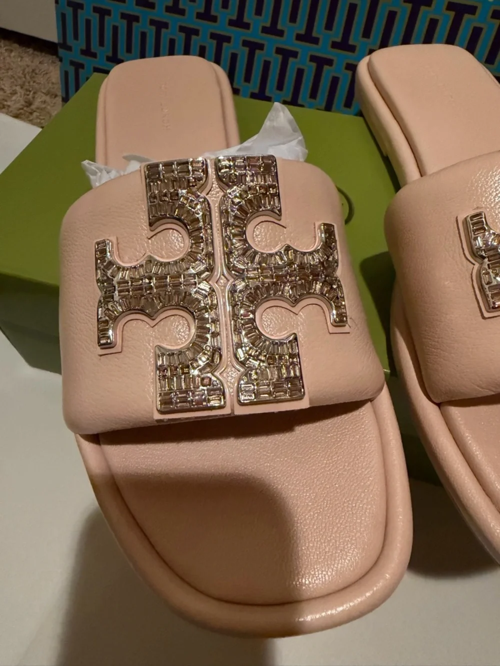 Tory Burch Shell Pink Double T Deco Sport Slide Sandals